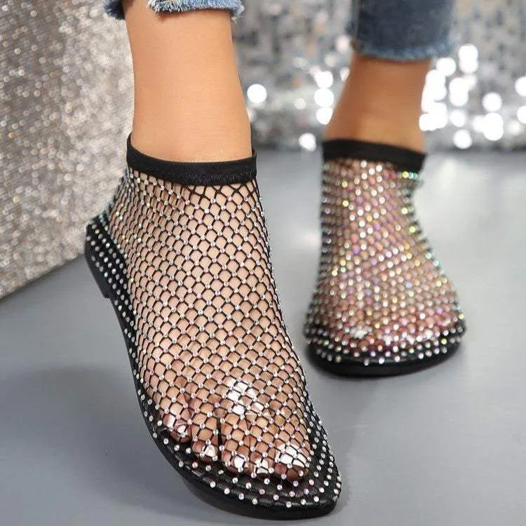 New Hollow Flat Sandals With Rhinestone Design Summer Fashion Round Toe Shoes For Women Black Humidifier - Tophatter Daily Deals